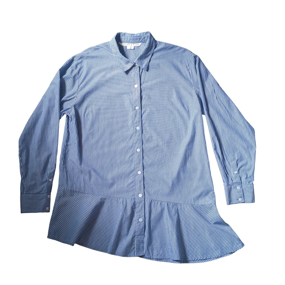Veronica Beared Academia Gilda Blue Striped Peplum Asymmetrical Button Up Blouse